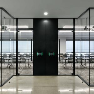 black-metafora-glass-partition-wall-with-swing-door